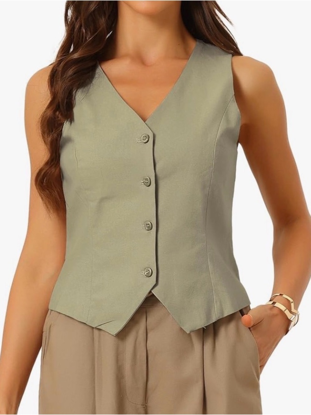 Allegra K Cotton Linen Sleeveless Button Down V Neck Waistcoat Cropped Vests